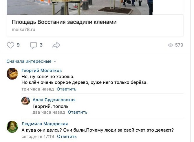 Петербуржцы возмущаются тем, что активисты высадили клены за свой счет на площади Восстания