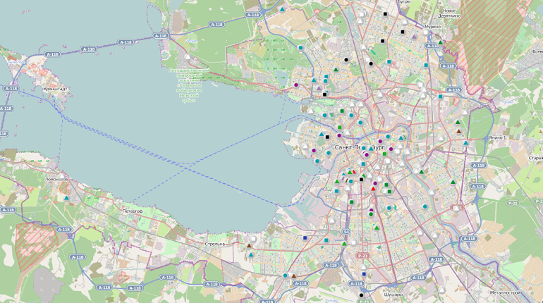 Карта Санкт-Петербурга с улицами и домами. Пригороды Санкт-Петербурга в марте.