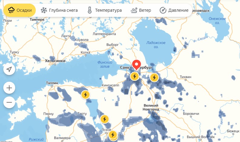 Яндекс Погода показала, как гроза с градом надвигаются на Петербург