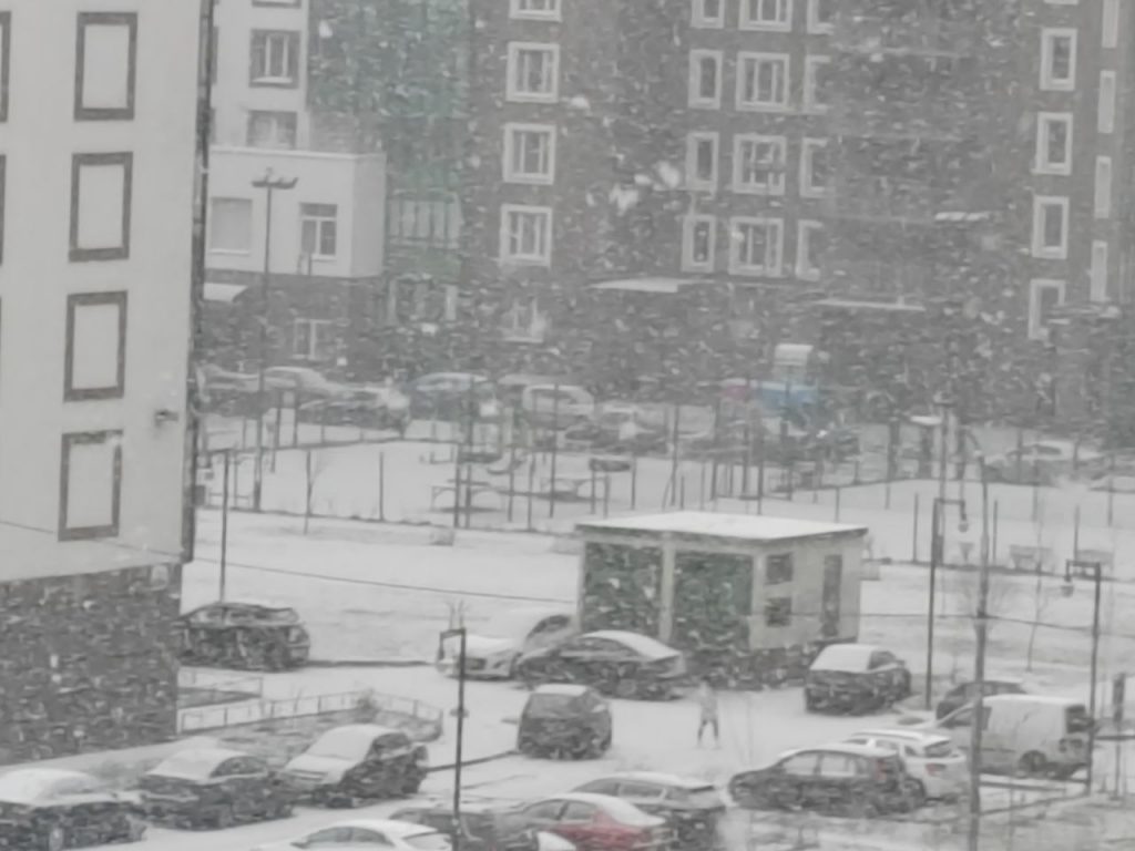 Снег валит на северо-западе Петербурга