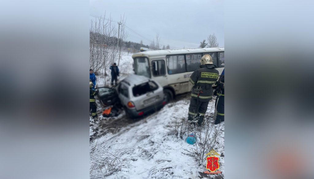 Под Кингисеппом водитель Hyundai погиб в кювете, врезавшись в автобус с рабочими