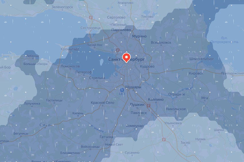 Яндекс.Погода показала, как новый циклон Gabriele хозяйничает в Петербурге 