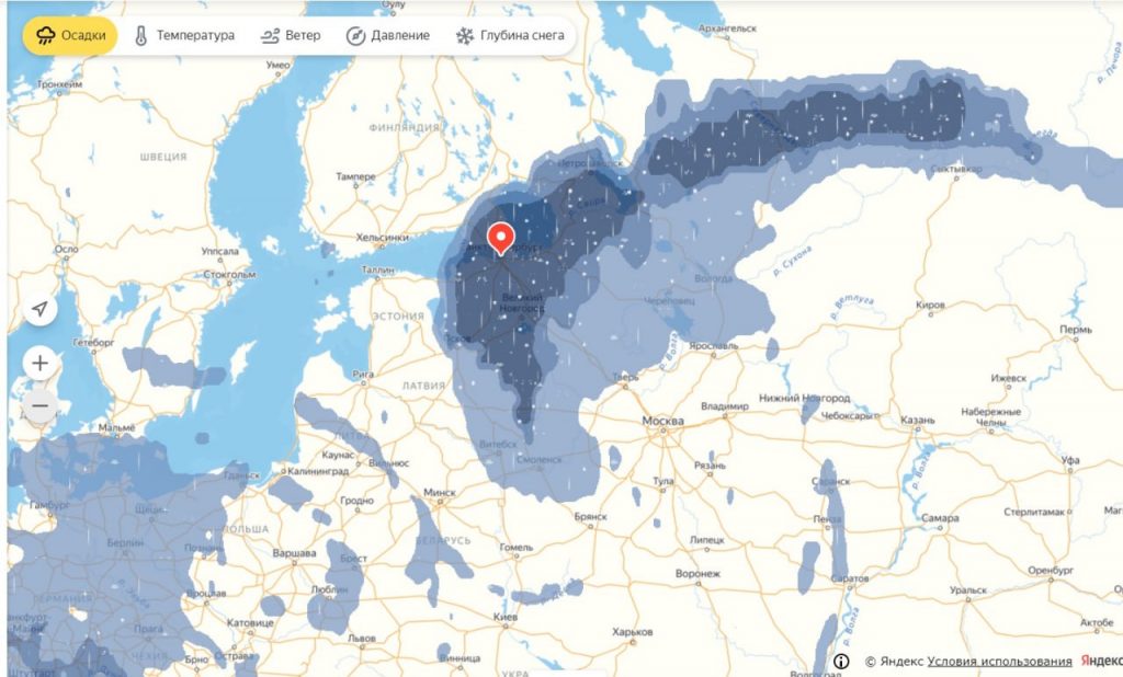 Яндекс.Погода показывает циклон, который в пятницу засыплет снегом Петербург