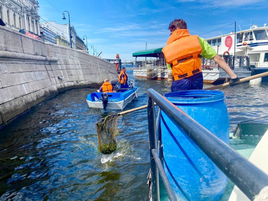 Работники ГУП «Экострой» покосили водоросли в Неве перед «Алыми парусами»