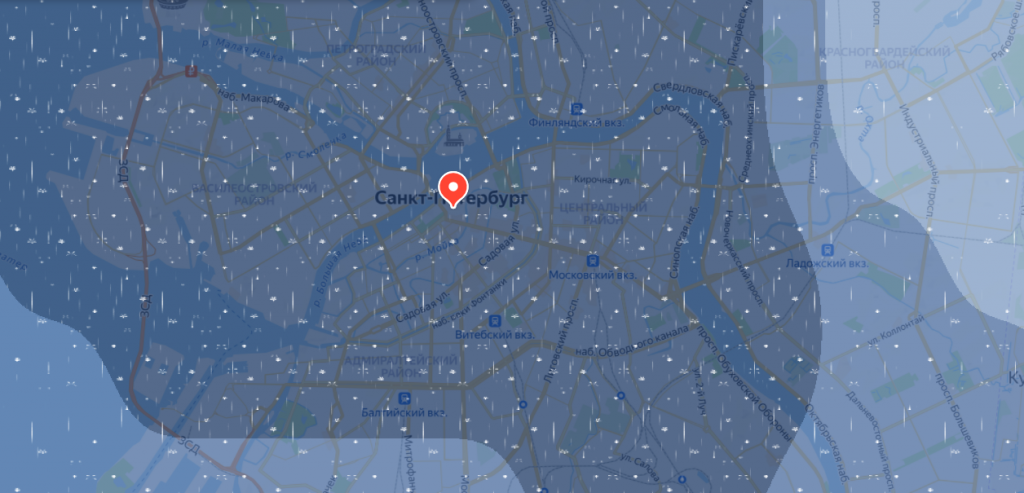 Яндекс.Погода показывает, как гроза наползла на Петербург