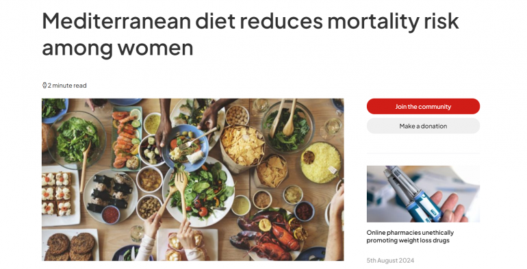 Женщины, придерживающиеся средиземноморской диеты, живут дольше